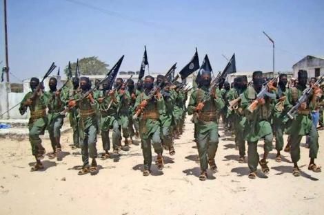 Al-Shabaab militants conduct military drills at a base in Somalia.