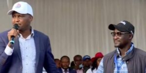 Chama Cha Kazi Party leader Moses Kuria and Lawyer Edward Mureu at Thika Stadium, on Saturday, February 19, 2022.