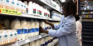 Various milk brands on the shelves of a Nairobi supermarket
