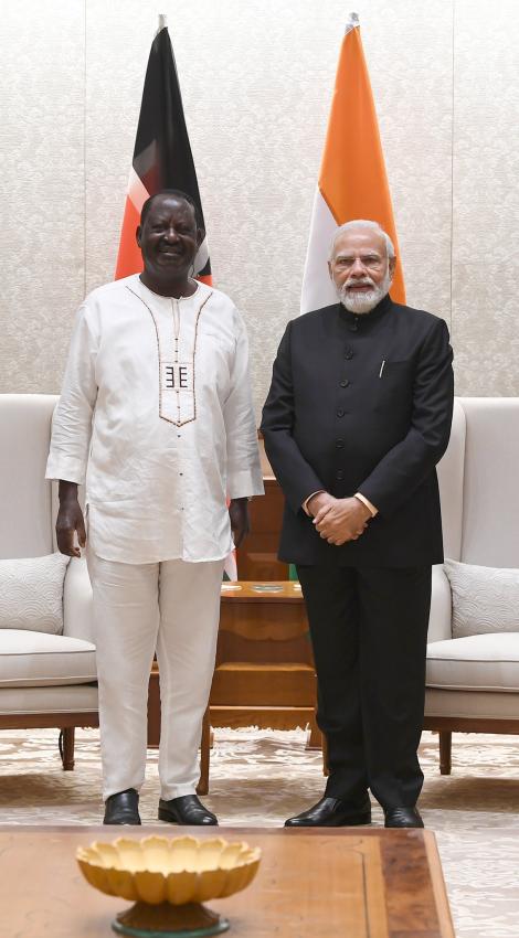 Kenya's former Prime Minister Raila Odinga (left) and Indiaâ€™s Prime Minister Narendra Modi (right) in India on February 13, 2022