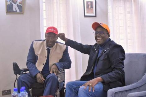 Westlands MP Tim Wanyonyi (left) and Jubilee Party Nairobi gubernatorial aspirant Polycarp Igathe after a meeting on Thursday, April 28, 2022. 