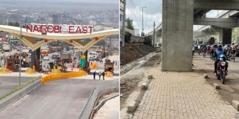 The Nairobi West entry to Expressway (left) and a pillar constructed on a pedestrian's pavement.