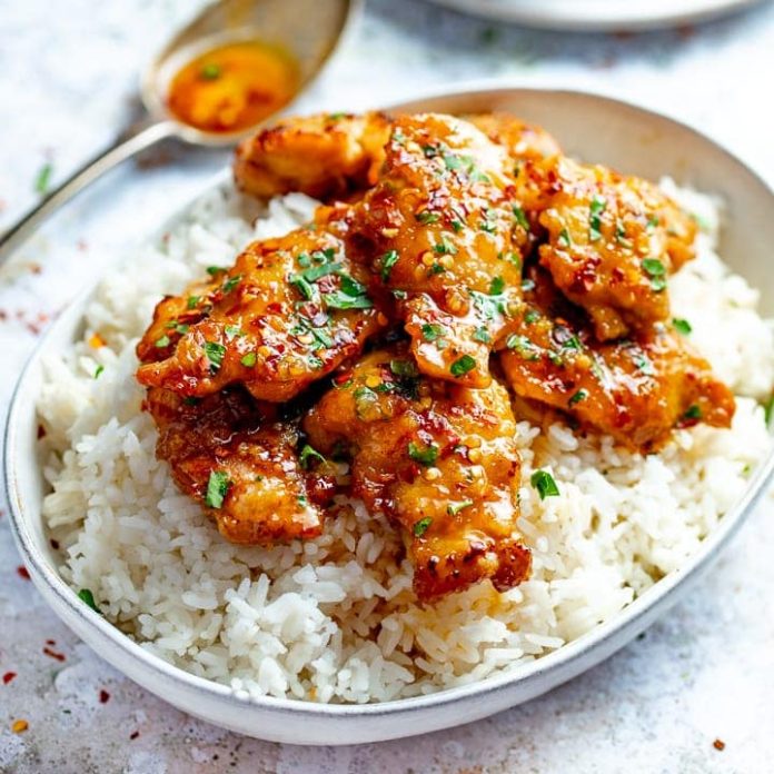 Honey-garlic chicken served with rice