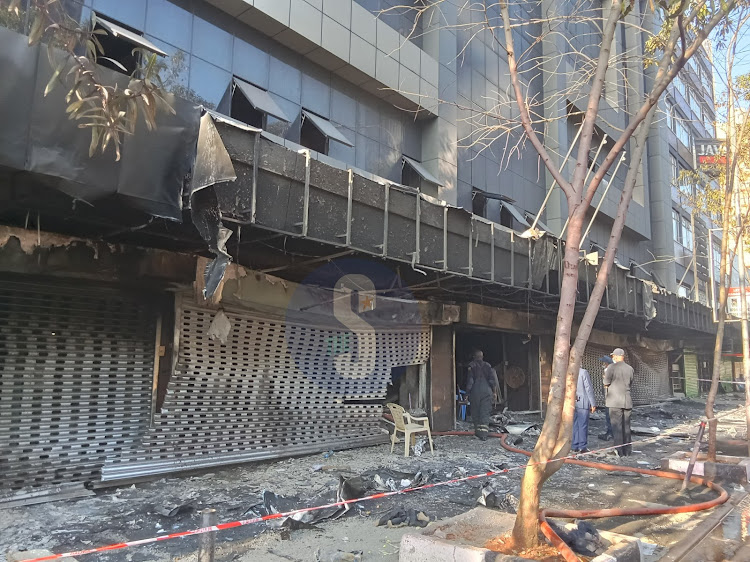 Uganda House building on Kenyatta Avenue that was set on fire during Tuesday's anti-Finance Bill demonstrations in Nairobi, June 26 2024.