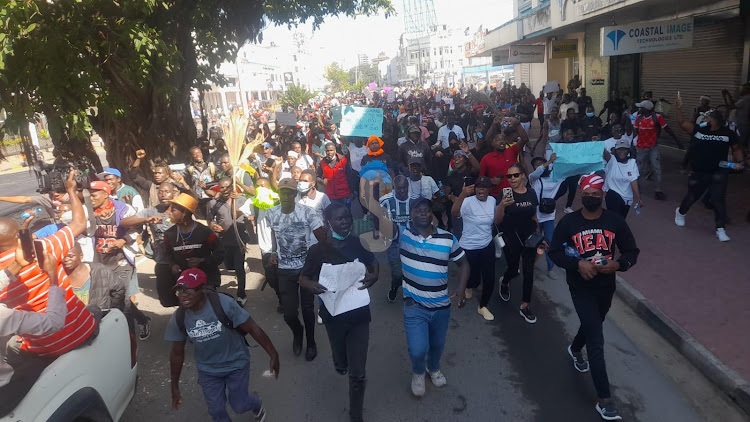 A group of anti-Finance Bill protesters demonstrate in the streets of Mombasa on Tuesday, June 25, 2024.