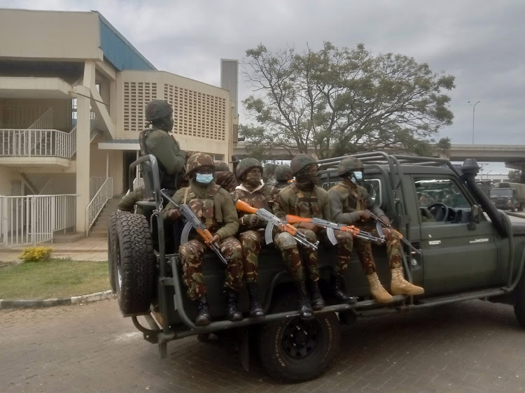 KDF officers aboard millitary vehicle at Nyayo stadium on June 27, 2024.