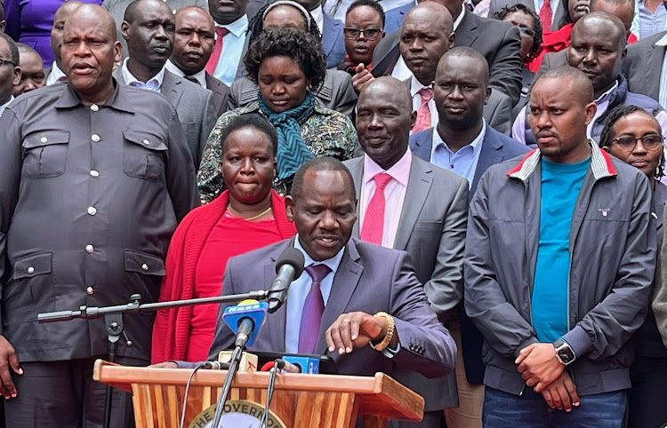 Governor for Uasin Gishu Dr Jonathan Bii with members of his executive and senior staff speaking after a meeting in Eldoret on August 19th 2024