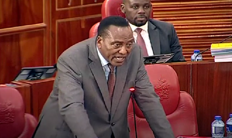 Kisii Senator Richard Onyonka speaking during the impeachment hearing of ousted Kisii deputy Governor Robert Monda on March 14, 2024.