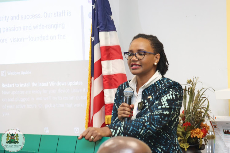 Diaspora Affairs Principal Secretary Roseline Njogu adresses the diaspora business community in Minnesota on May 30,2024